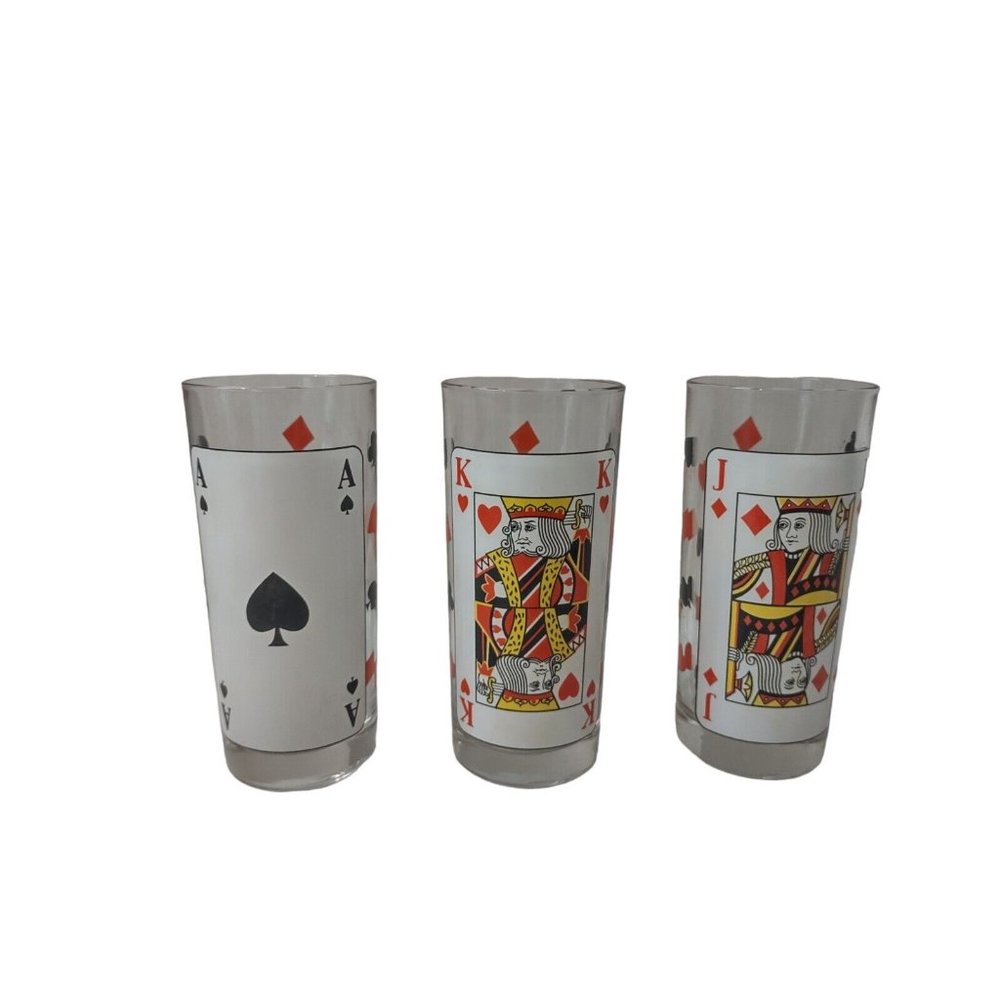 3 Vintage Ace Spades King Hearts Jack Diamonds High Ball Bar Beer Tall Glasses